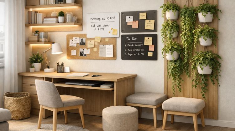 Moderna kućna kancelarija u malom stanu sa drvenim stolom, stolicom, multifunkcionalnim nameštajem, policama sa LED osvetljenjem, zidnim tablama za beleške i visećim biljkama koje stvaraju inspirativan i uredan radni prostor.