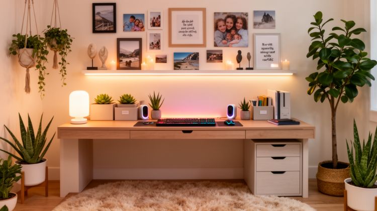Moderan kućni radni prostor sa drvenim stolom i belim fiokama, dekorisan porodičnim fotografijama, inspirativnim citatima, LED trakom, sobnim biljkama i dekorativnim lampama, stvarajući prijatnu i motivišuću atmosferu za rad.