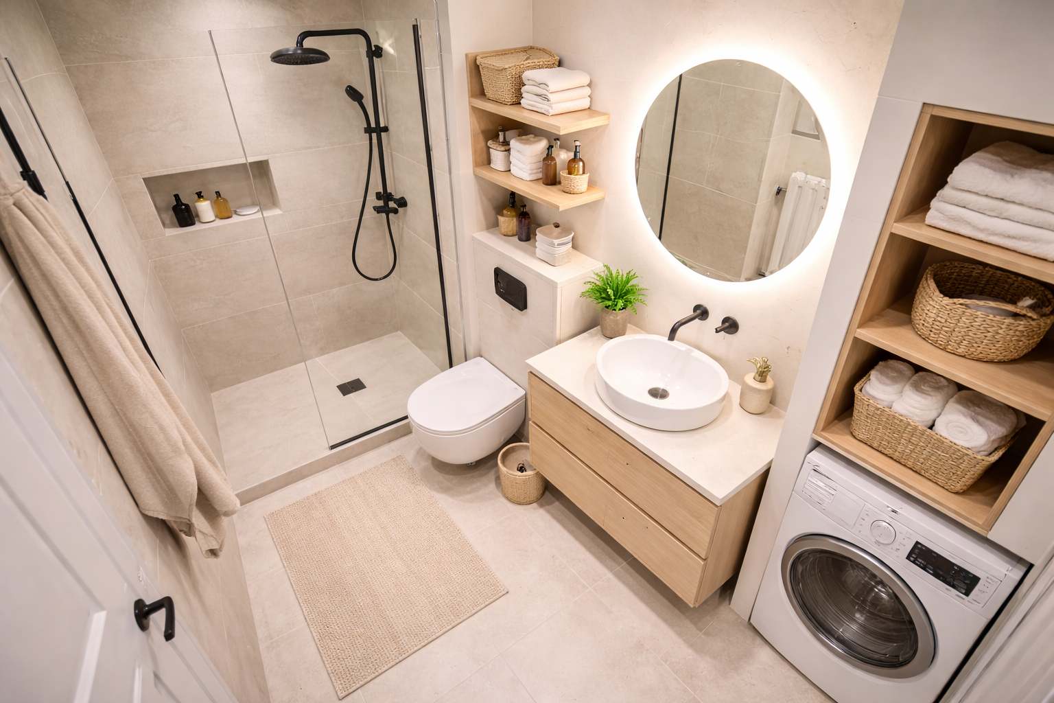 Malo kupatilo iz pticije perspektive, smirenih tonova i skladno uredjeno