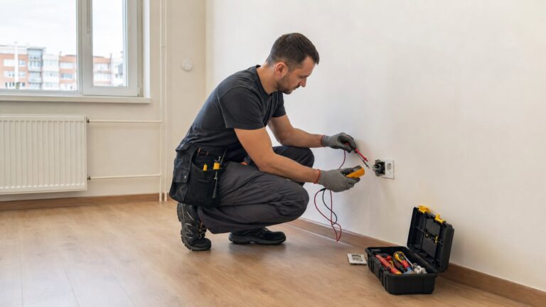 Električar proverava utičnicu i električne instalacije u starijem stanu