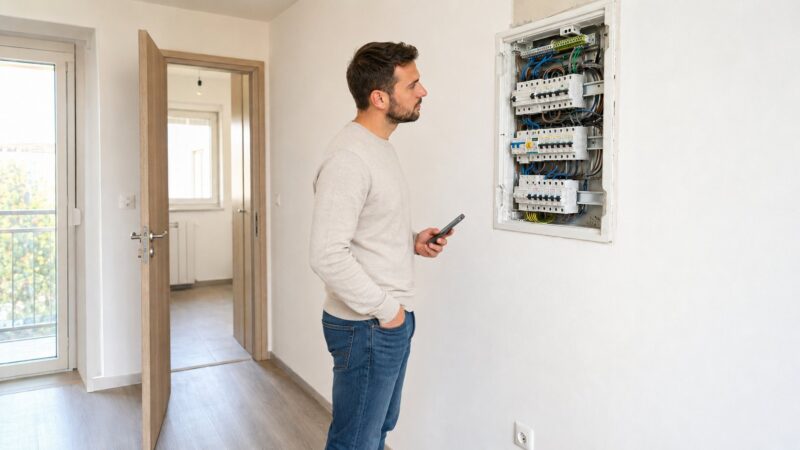 Vlasnik stana pregleda otvorenu električnu tablu sa osiguračima