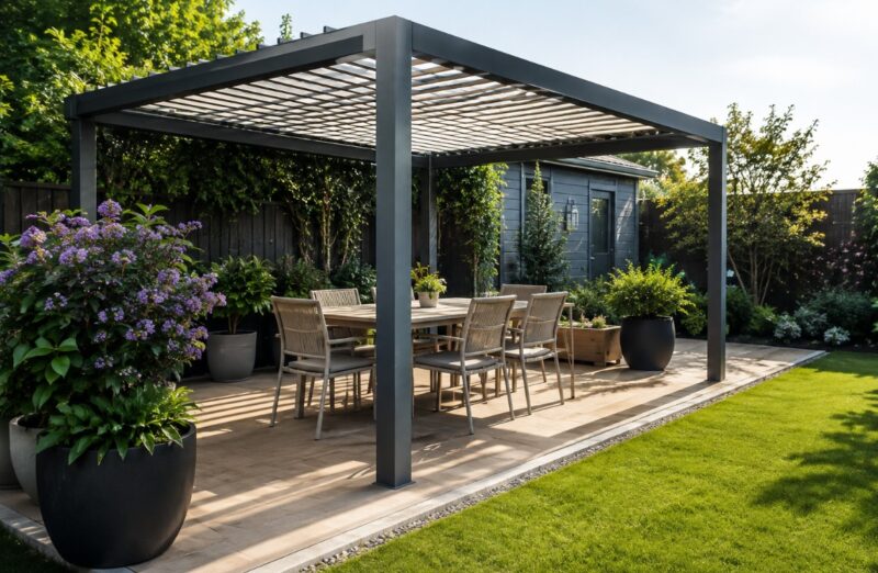Moderna pergola u dvorištu sa stolom i stolicama, okružena travnjakom, žbunjem i velikim saksijama sa zelenilom i cvetnicama