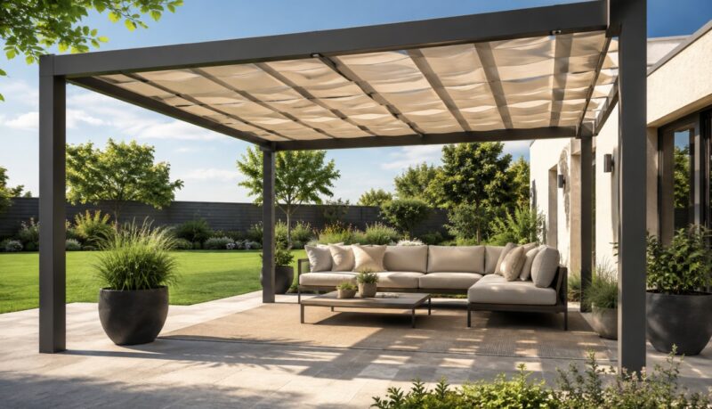 Moderna pergola u dvorištu sa otvorenom bočnom konstrukcijom, svetlim platnenim krovom i udobnom garniturom za sedenje na prostranoj terasi