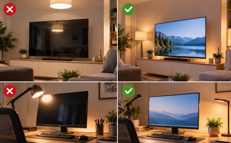 Poređenje loše i pravilno postavljenog osvetljenja pored televizora i monitora