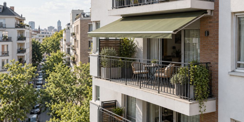 Gradski balkon sa maslinastozelenom tendom postavljenom iznad prostora za sedenje.